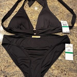 Michael Kors Classic Black Logo Ring Halter 2 Piece Bikini Swimwear